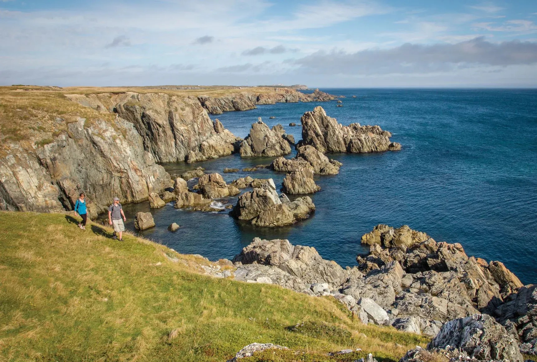 Visitors on the coastal trail overlooking rugged cliffs and blue ocean at The Dungeon Bonavista
