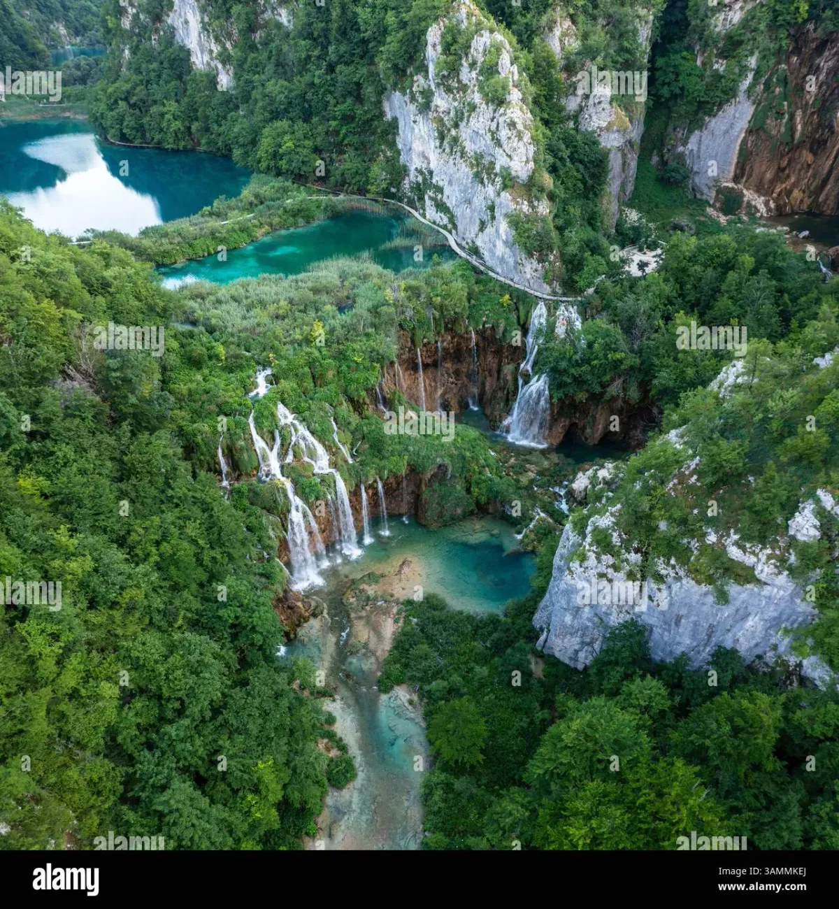 Aerial view of Plitvice Lakes Croatia showing cascading turquoise lakes connected by waterfalls