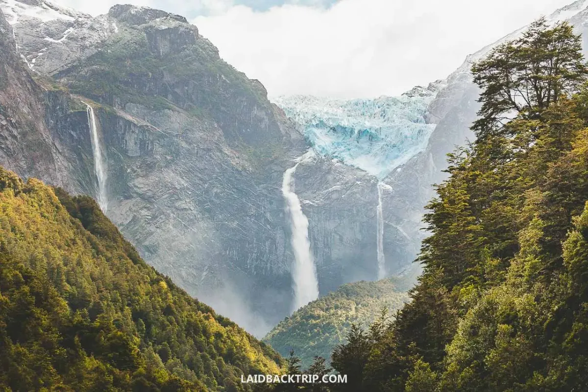 Ventisquero Colgante hanging glacier with cascading waterfalls in Queulat National Park Chilean Patagonia