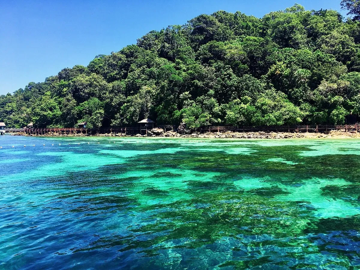 Aerial view of Pulau Payar Marine Park Langkawi Malaysia with tropical forest and turquoise Andaman Sea waters