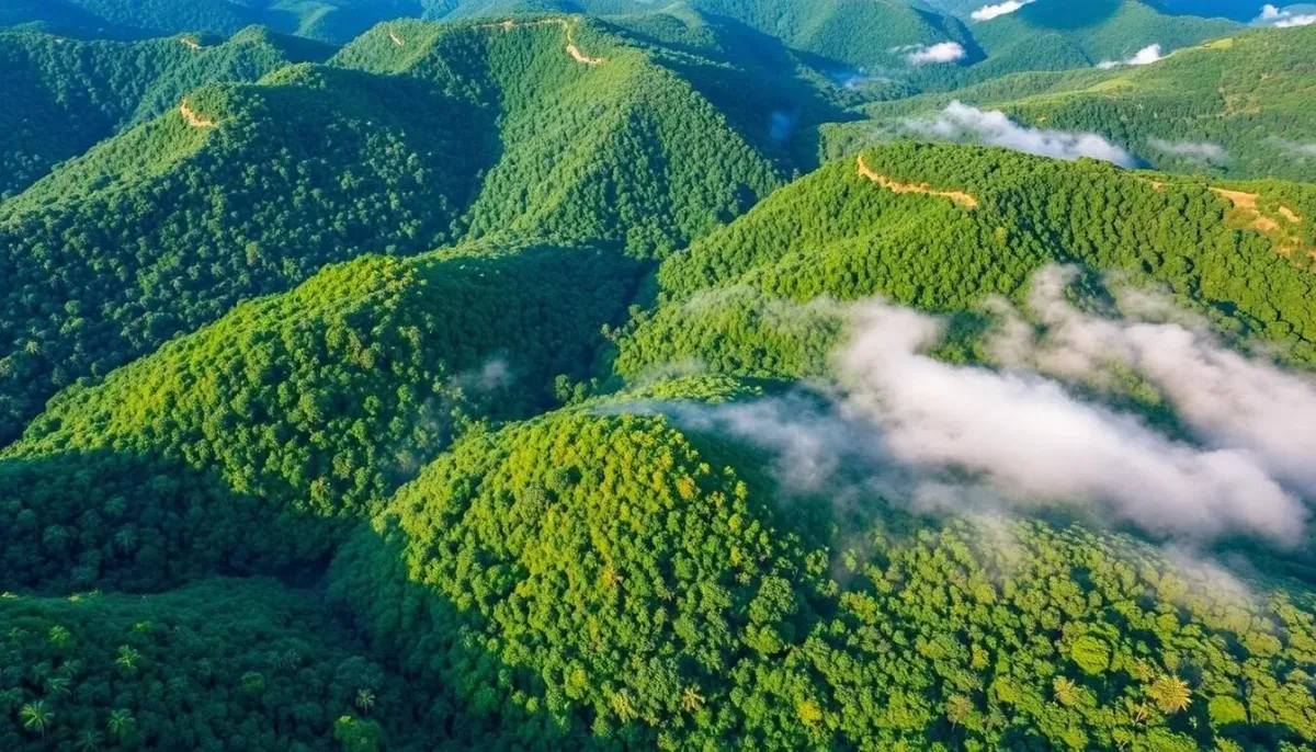 Aerial view of dense rainforest canopy at Ranomafana National Park Madagascar with rolling green mountains and morning mist