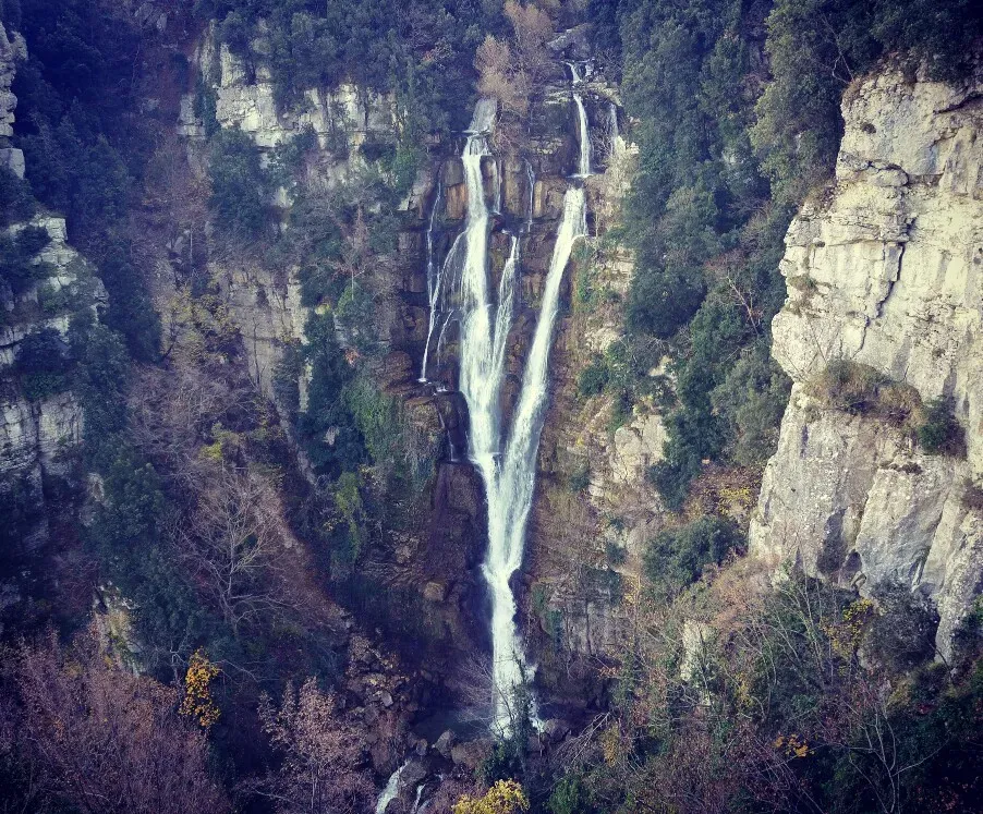 Cascate del Rio Verde waterfall cascading 200 meters down a mossy cliff in Borrello, Abruzzo, Italy