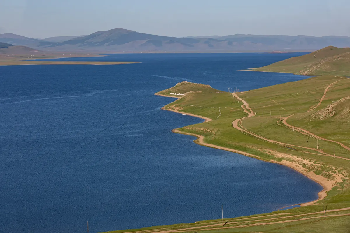 Terkhiin Tsagaan Lake in Arkhangai Province, Mongolia with crystal clear white waters and volcanic terrain