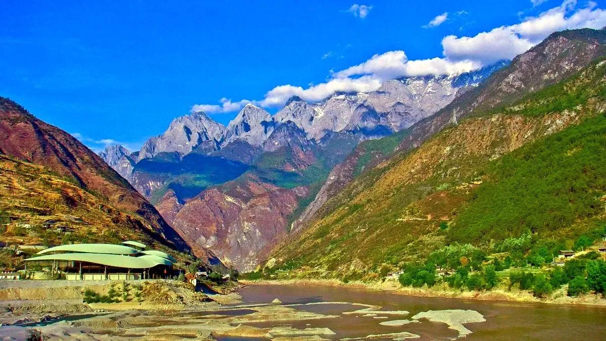 Snow-capped Haba Snow Mountain towering above Tiger Leaping Gorge China with winding Jinsha River below