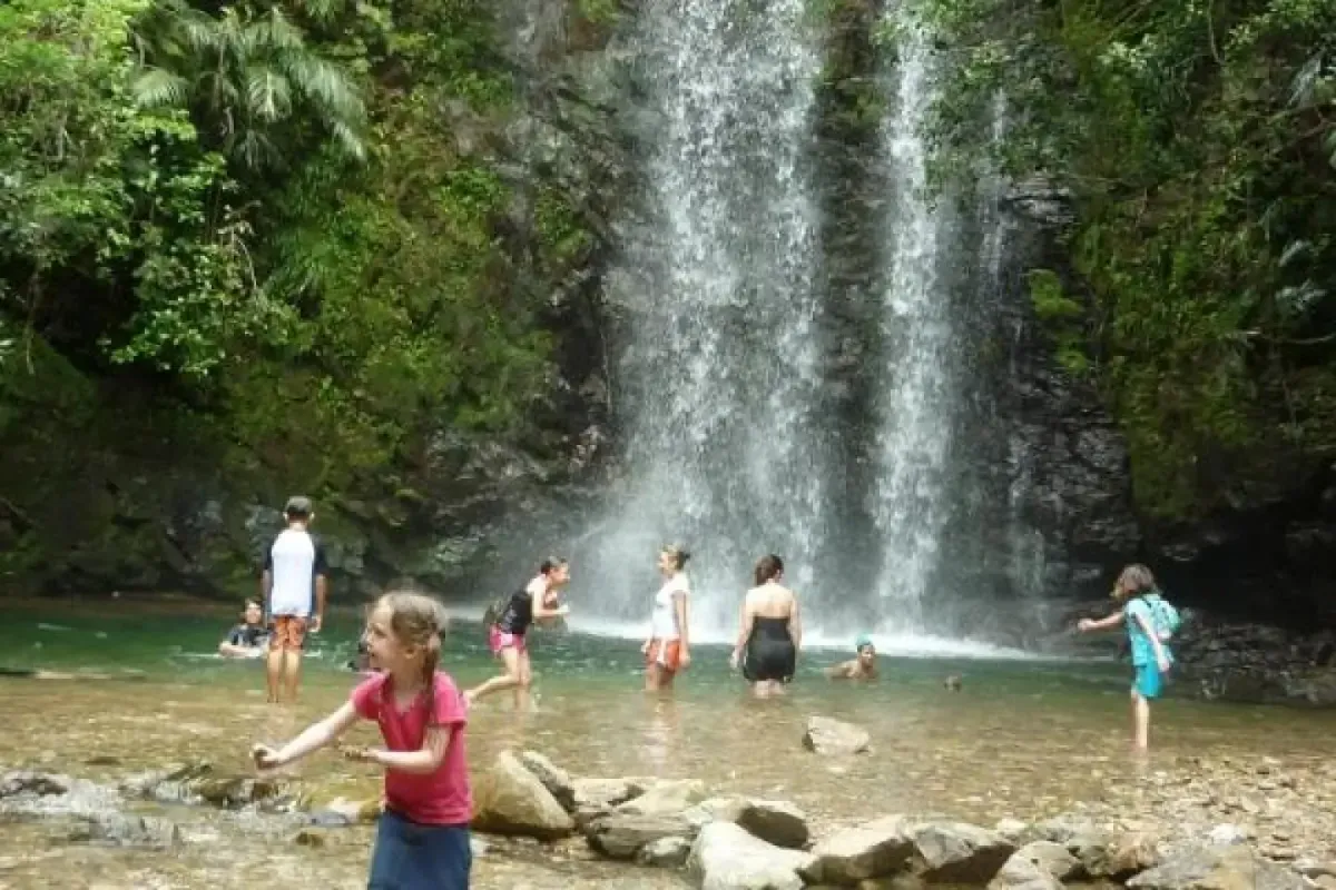 Tadake Falls cascading down a green cliff into a pool in Okinawa Japan