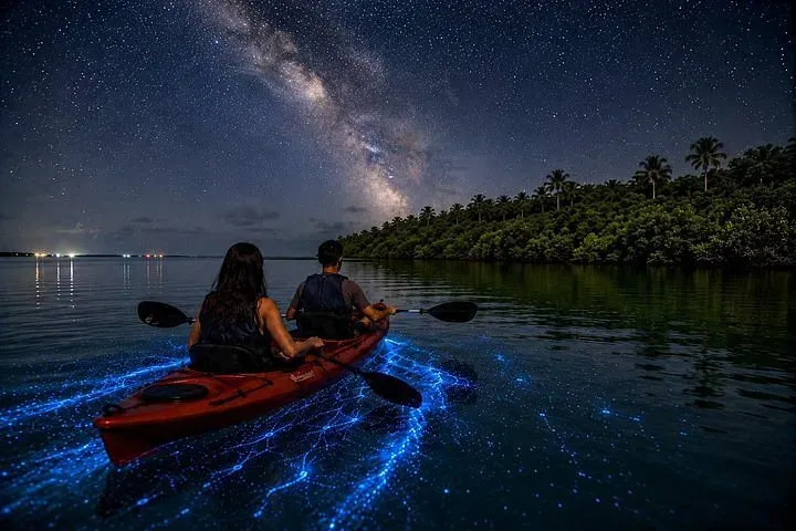 Two people kayaking through glowing bioluminescent waters at Mosquito Bay in Vieques Puerto Rico under star-filled sky