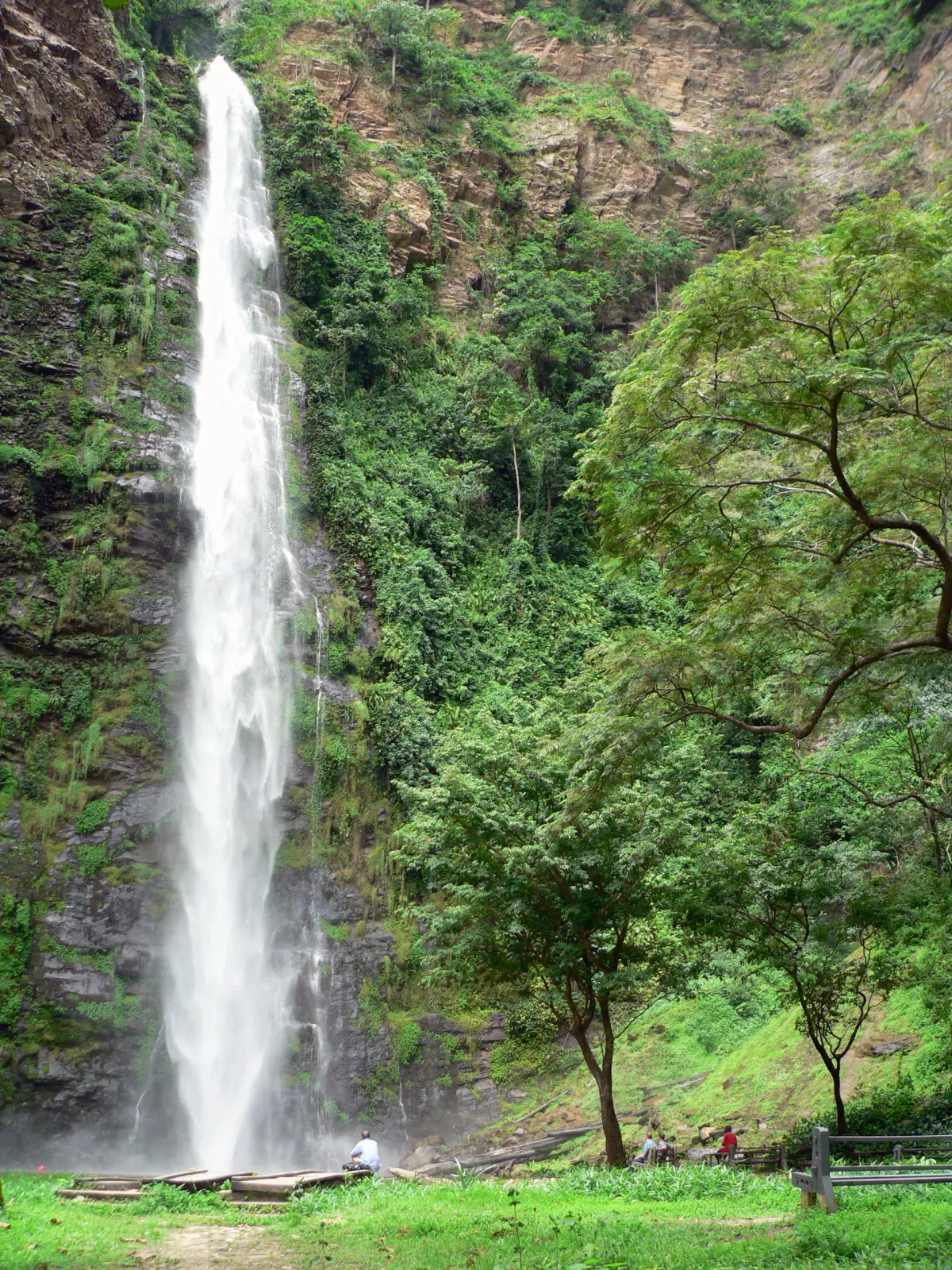 Wli lower waterfalls cascading down a lush green cliff in Ghana's Volta Region with visitors at the base pool