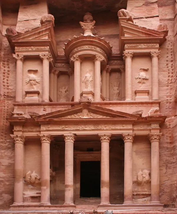 The Treasury Al-Khazneh at Petra Jordan carved into rose-red sandstone cliffs