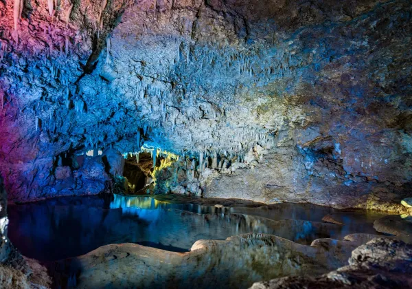 Stalactites and stalagmites reflected in a pool inside Harrison's Cave Barbados