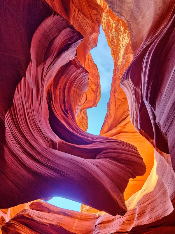 Looking up through Lower Antelope Canyon Page Arizona's swirling narrow sandstone walls in bright red, orange and amber colors