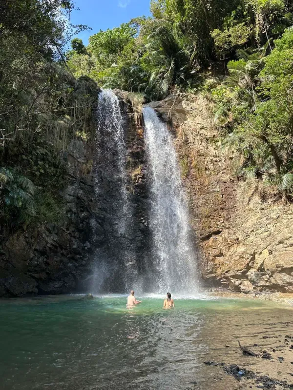 Taataki Waterfall Japan cascading into a plunge pool with visitors swimming at the base surrounded by lush subtropical jungle