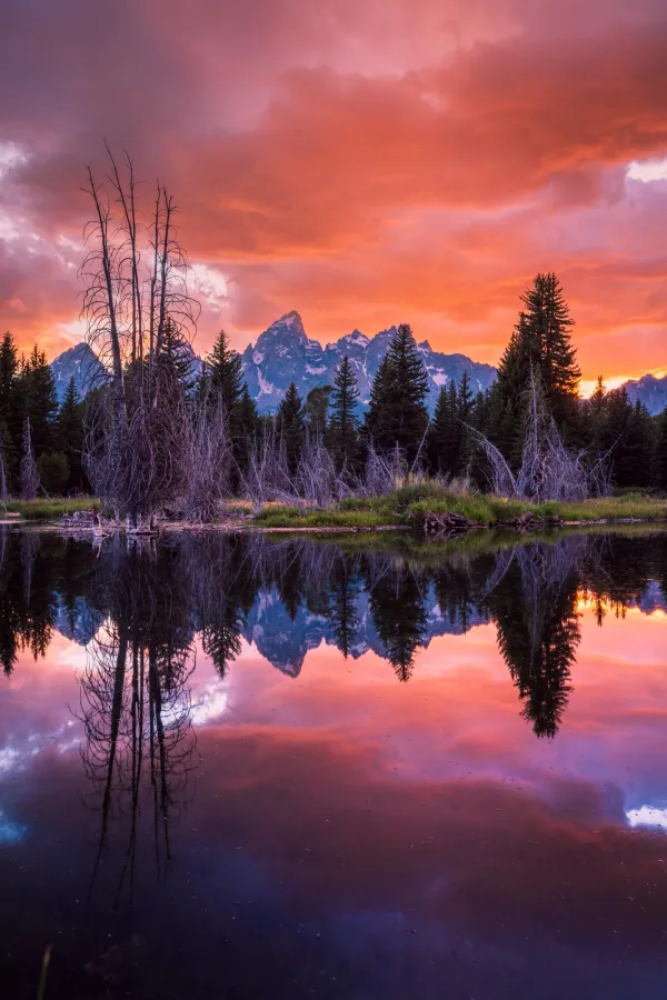 Grand Teton peaks at sunset reflected in the Snake River at Schwabacher Landing
