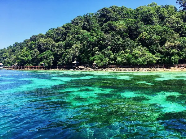 Aerial view of Pulau Payar Marine Park Langkawi Malaysia with tropical forest and turquoise Andaman Sea waters