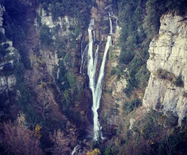 Cascate del Rio Verde waterfall cascading 200 meters down a mossy cliff in Borrello, Abruzzo, Italy