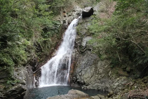 Hiji Falls cascading over moss-covered rocks into an emerald pool surrounded by subtropical jungle