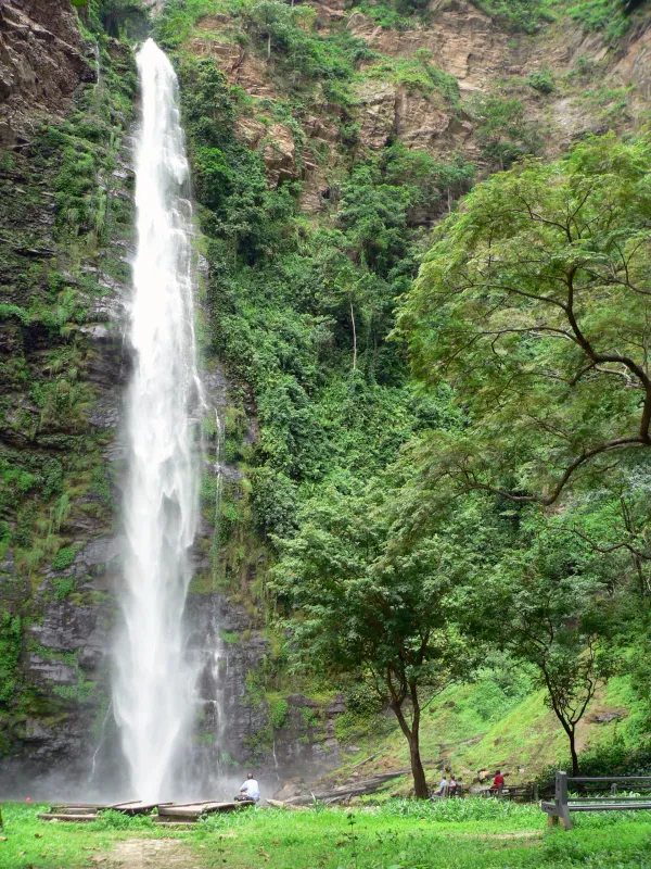 Wli lower waterfalls cascading down a lush green cliff in Ghana's Volta Region with visitors at the base pool